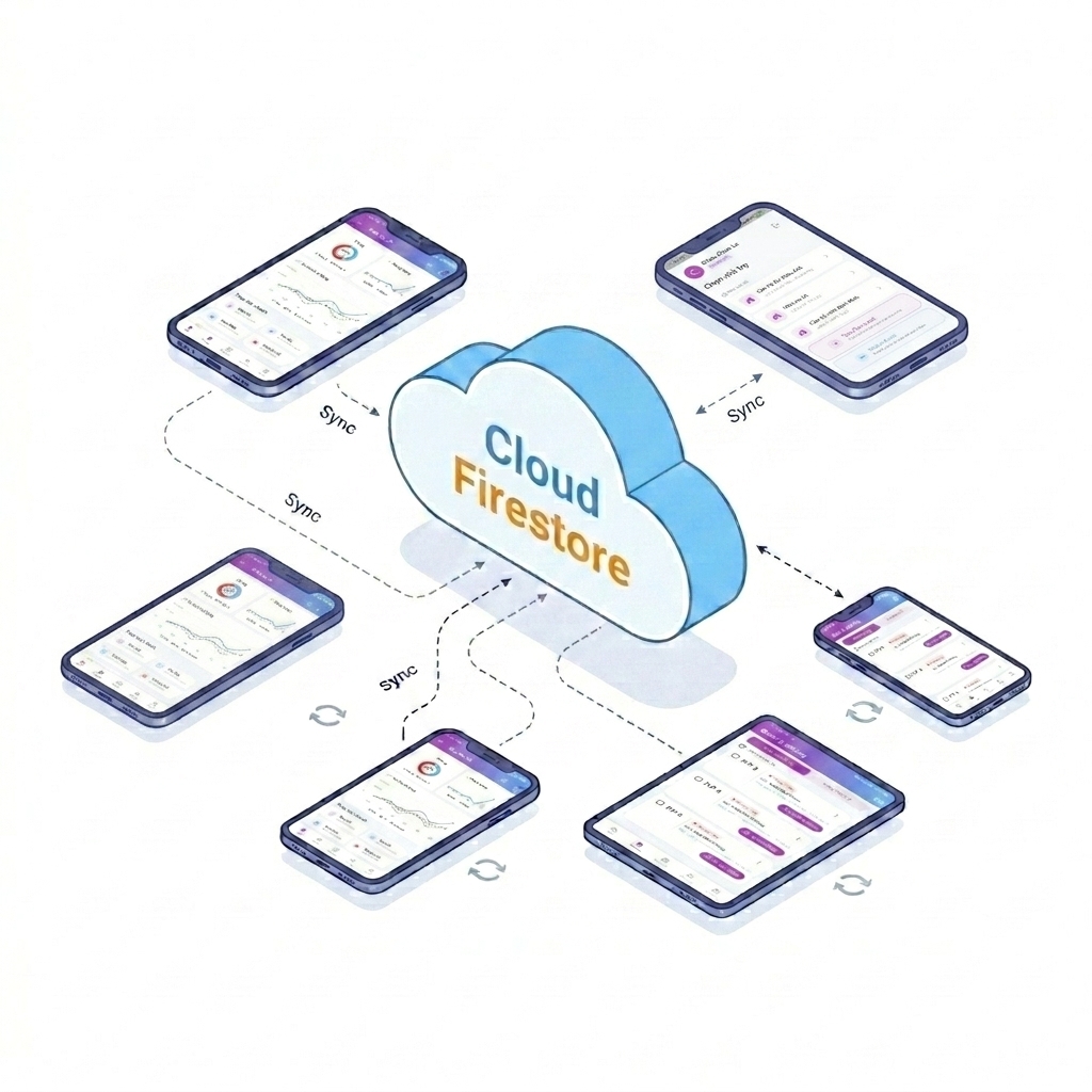 Minh họa đồng bộ dữ liệu quản lý nhà trọ trên Cloud Firestore giữa nhiều thiết bị