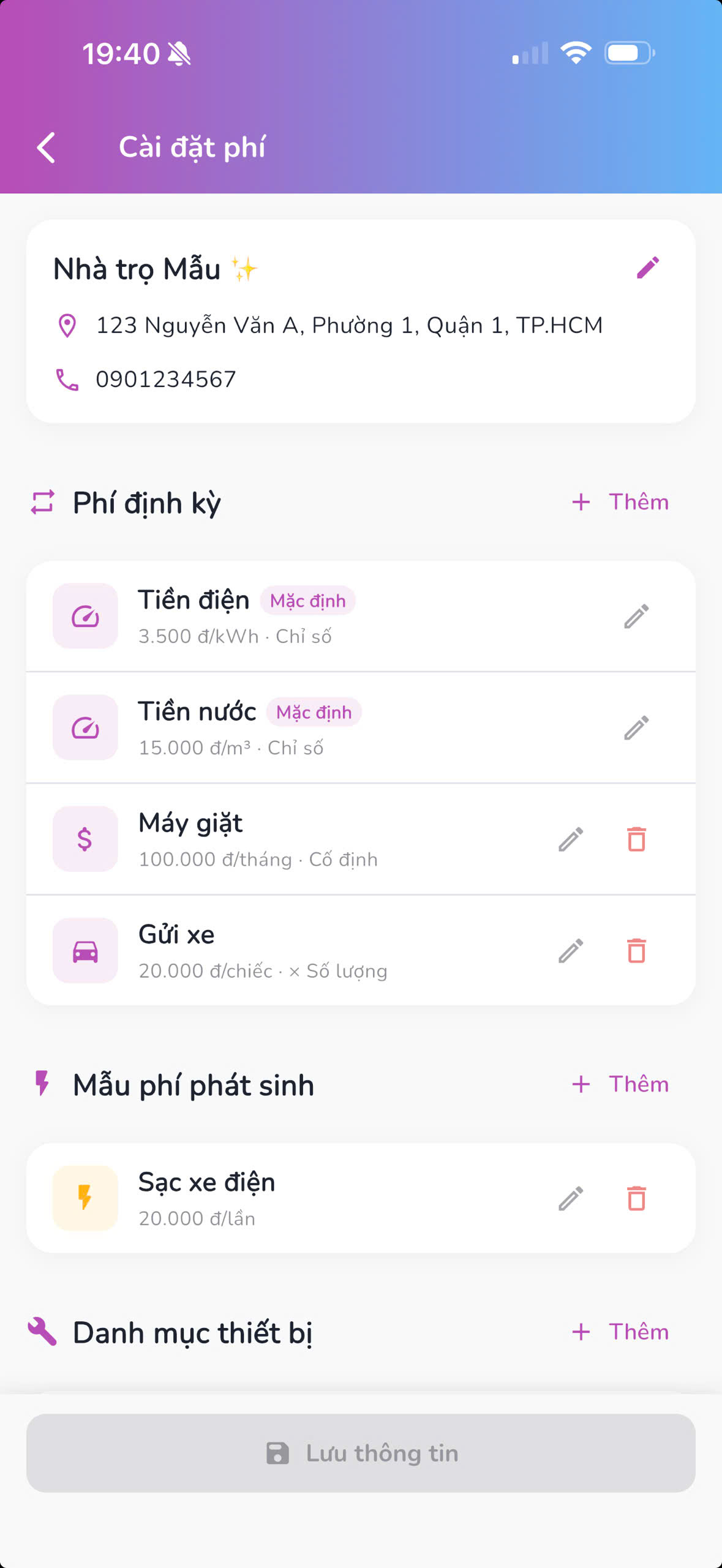Cài đặt phí định kỳ điện nước và phí phát sinh