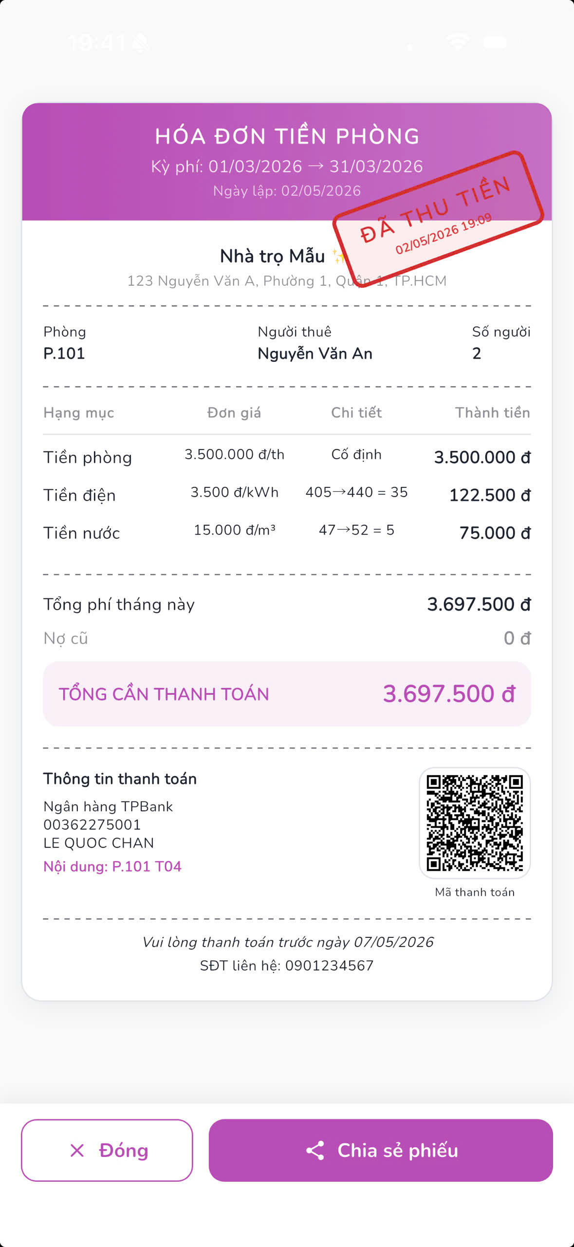 Hóa đơn tiền phòng trọ với mã QR thanh toán